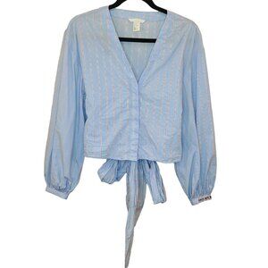 H&M Women Shirt Top Size 6 Blue Red Stripes Crop Balloon Sleeve Waist Tie Casual